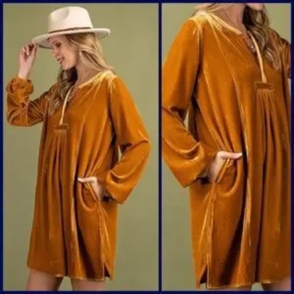 Easel Velvet Long Sleeve Dress in Orange